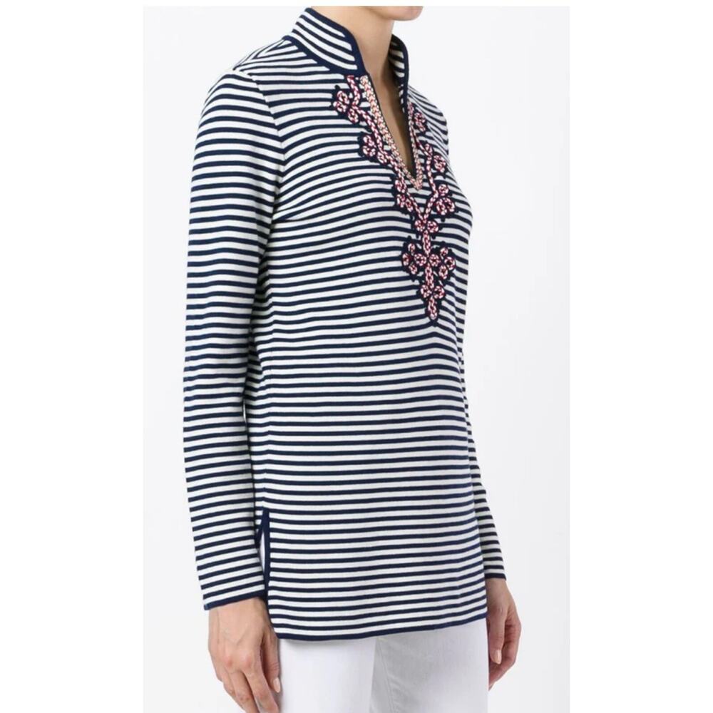 Tory Burch Women's L/S Katana Rope Top Navy Blue White Striped M, Worn Once